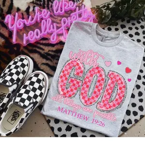 With God All Things Are Possible Pink Checkered Bleached or Ash Grey Shirt - Highland Cow Shirt - CK’s Boutique and Designs - Gildan Love Menswear