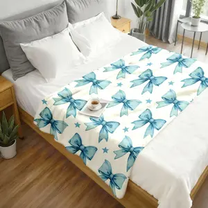 2026 New Arrivals Dreamy Flannel Blanket Soft And Cozy Large Blue Bow Pattern Design, Perfect For Spring Celebrations Valentine'S Day And Mother'S Day Warm Gift, Essential Comfort Companion