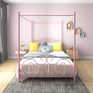 Vintage Metal Canopy Bed Frame - Full/Queen Size, with Headboard, Footboard and X-Shaped Structure, All Parts Included for Easy Assembly, Pink/Black