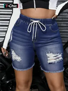 【Plus Size】 Solid Ripped Hem Drawstring Waist Denim Shorts, Casual Fashion Curve Hem Shorts for Daily Outdoor Wear, Women Plus Clothing for Summer