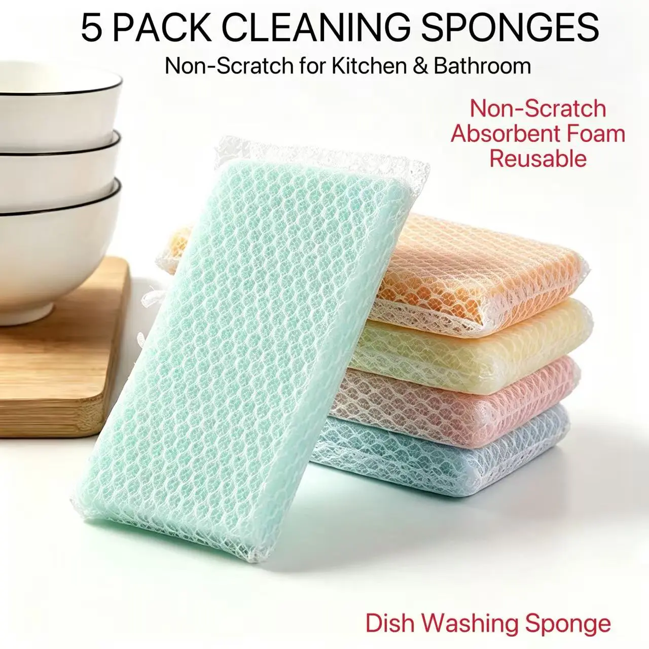 5-Pack Multi-Purpose Cleaning Sponges, Foam Sponge, Scrubbing Cloth, Household Cleaning Sponge, Dishwashing Sponge, Premium Kitchen Sponge, Durable Scratch-Free Wiping Cloth, Super Absorbent, Cleaning Supplies, Cleaning Tools, Back-to-School Essentials