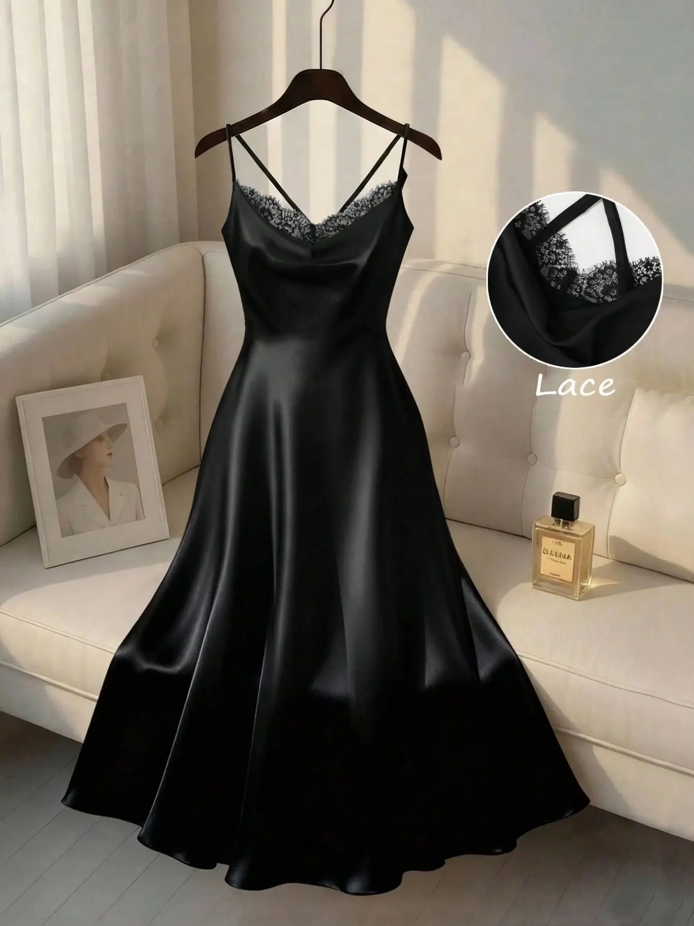 Women's Plus Size Slip Dress Lace Trim V-Neck Spaghetti Strap Backless Flowy A-Line Elegant Evening Wear Formal Evening Party Date Night Romantic Trendy Fit Elegant Backless Design