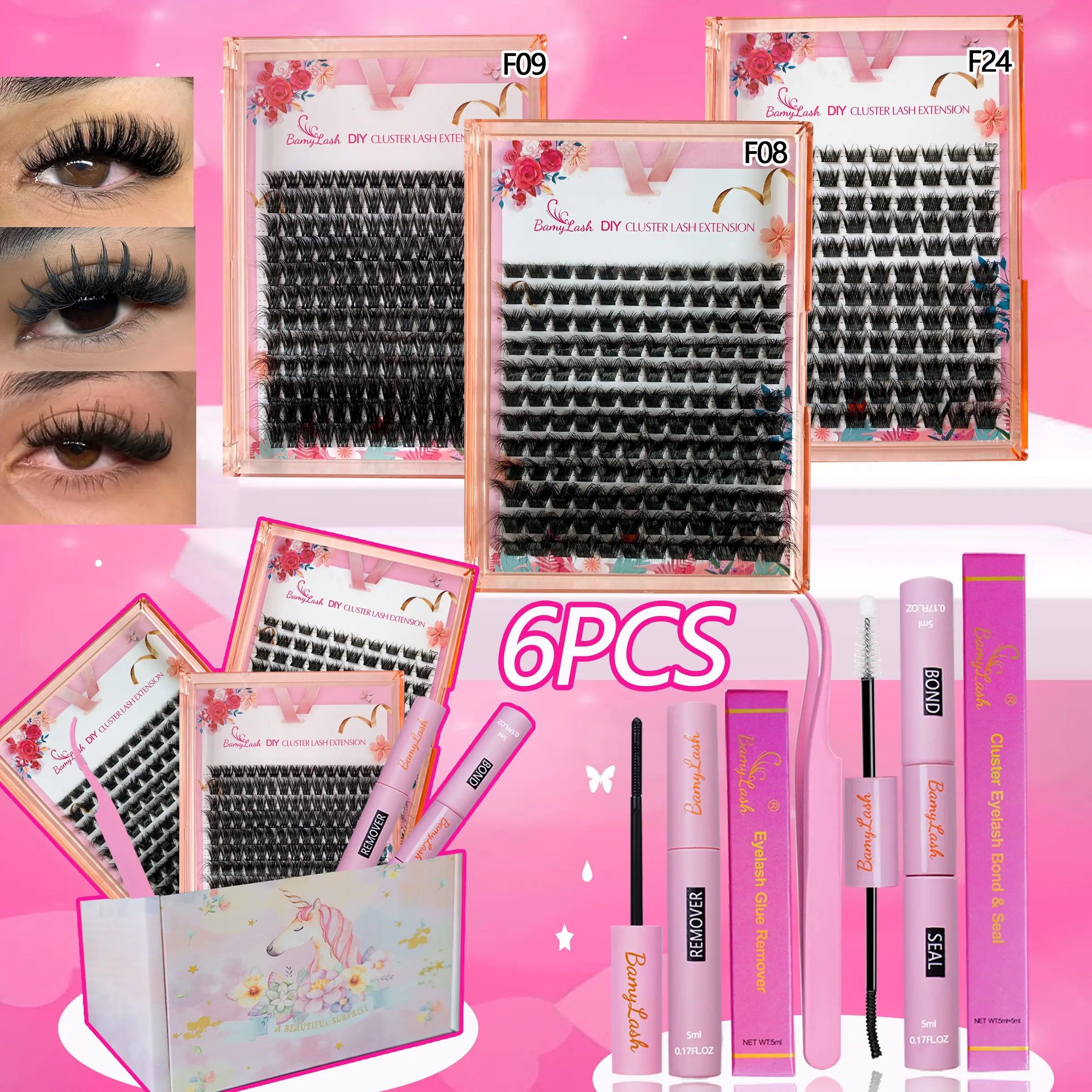 3 Boxes Thick Volume Individual Cluster Lash Kit 3D Wispy False Eyelashes, Eyelash Extensions Set, Eyelash Extensions with Bond Seal Remover Applicator lash brushes, D Curl Mixed Length and Style,DIY Lash Extension Kit for Everyday Makeup