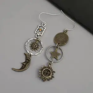 Creative Retro Asymmetrical Antique Copper Star and Moon Pendant Earrings, Personalized Earring Accessories for Women's Parties