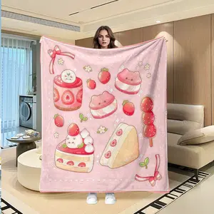 Cute Strawberry Dessert Theme Flannel Cozy Blanket, Light Base, Full Print Cake & Pudding, Butterfly Knots, Girl Heart Atmosphere, Throw Blanket