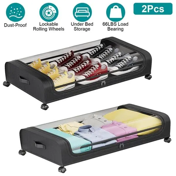 2-Pack Under Bed Storage Containers - Metal-Enhanced Dustproof Plastic Organizer Drawers with Transparent Lid, Smooth Rolling 360° Lockable Wheels, Strap Handles, 42L/11Gal Capacity for Bedroom, Home Supplies Organization