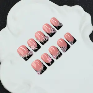 10pcs/Set Handmade Square Nail Tips With French Edge, Bow, Flower, Bead Elements, Y2K Baddie Style, Nude & Black Color, Flower Design Nails, Suitable For Party, Daily Wear, Includes Tool Kit, Gift For Women & Girls Press On Nails