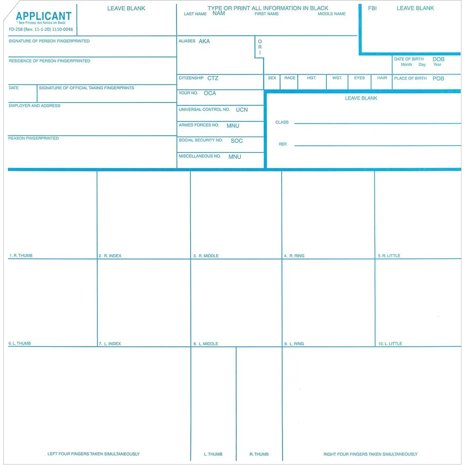 Fingerprint Cards, Applicant FD-258 (Pack of 50)