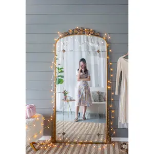76in x 40in Oversized Arched Iron-Wood Frame Full-Length Mirror, Antique Gold Home Decor, Light-Reflecting Piece for Living Room, Bedroom