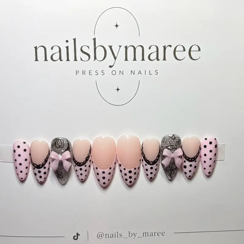 NailsByMaree Press On Nails - Pink & White Polka Dot Design with Bow Accent -