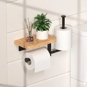 Wall-Mounted Paper Holder with Shelf, Wooden Bathroom Storage Rack for Toilet Rolls, Phone, Scented Candles, Space-Saving Organizer