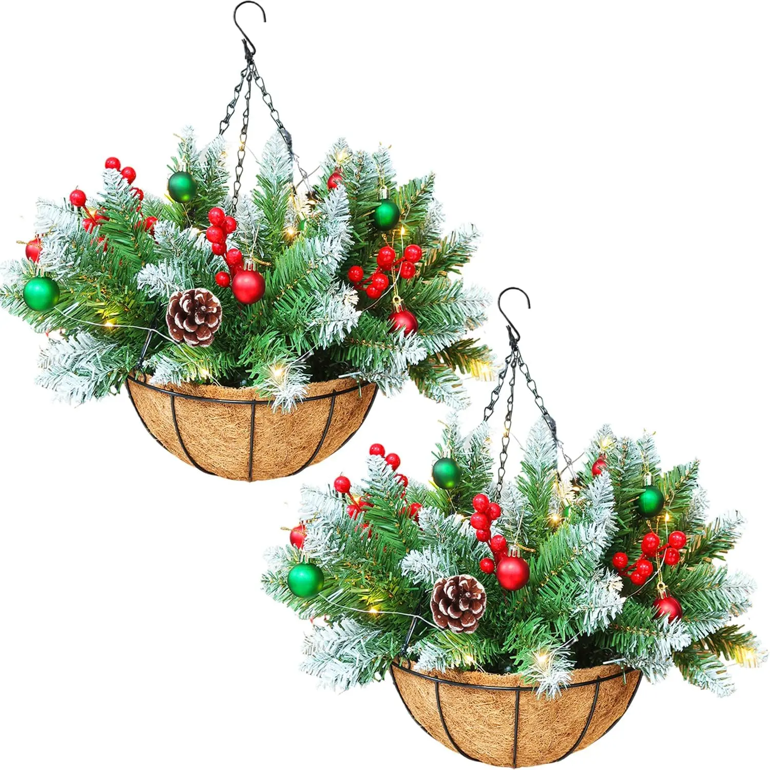 Christmas Hanging Flower Basket with LED String Lights 12 Inch | Pre-Lit Artificial Pine Decor,Battery-Operated Warm White Lights,Indoor/Outdoor Holiday Decoration for Door,Porch,Tree