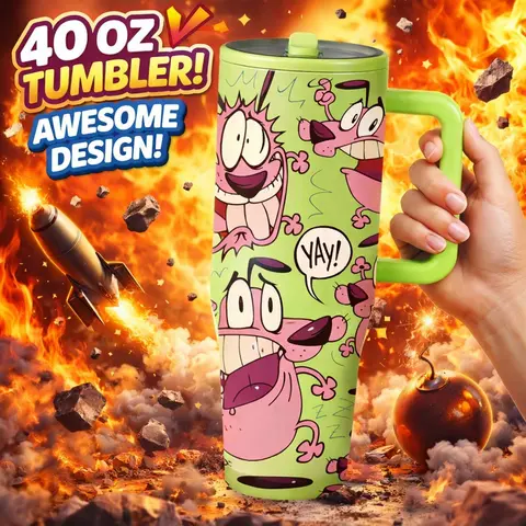 1pc 40oz Courage the Cowardly Dog Stainless Steel Insulated Beverage Tumbler with Handle, Thermos, Pink Cartoon Dog Print Travel Mug with Lid, Large Capacity Vacuum Cup for Water, Iced Coffee and Tea, Car Cup for Home, Office, Outdoor Use