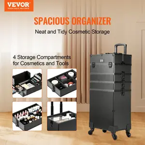 VEVOR 5 in 1 Professional Makeup Train Case Aluminum Cosmetic Case, Rolling Makeup Case Extra Large Trolley Makeup Travel Organizer, with 360 °   Swivel Wheels & Adjustable Pull Rod, Black