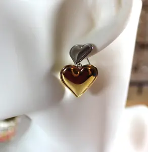 Stainless Steel Two-Tone Double Heart Drop Earrings