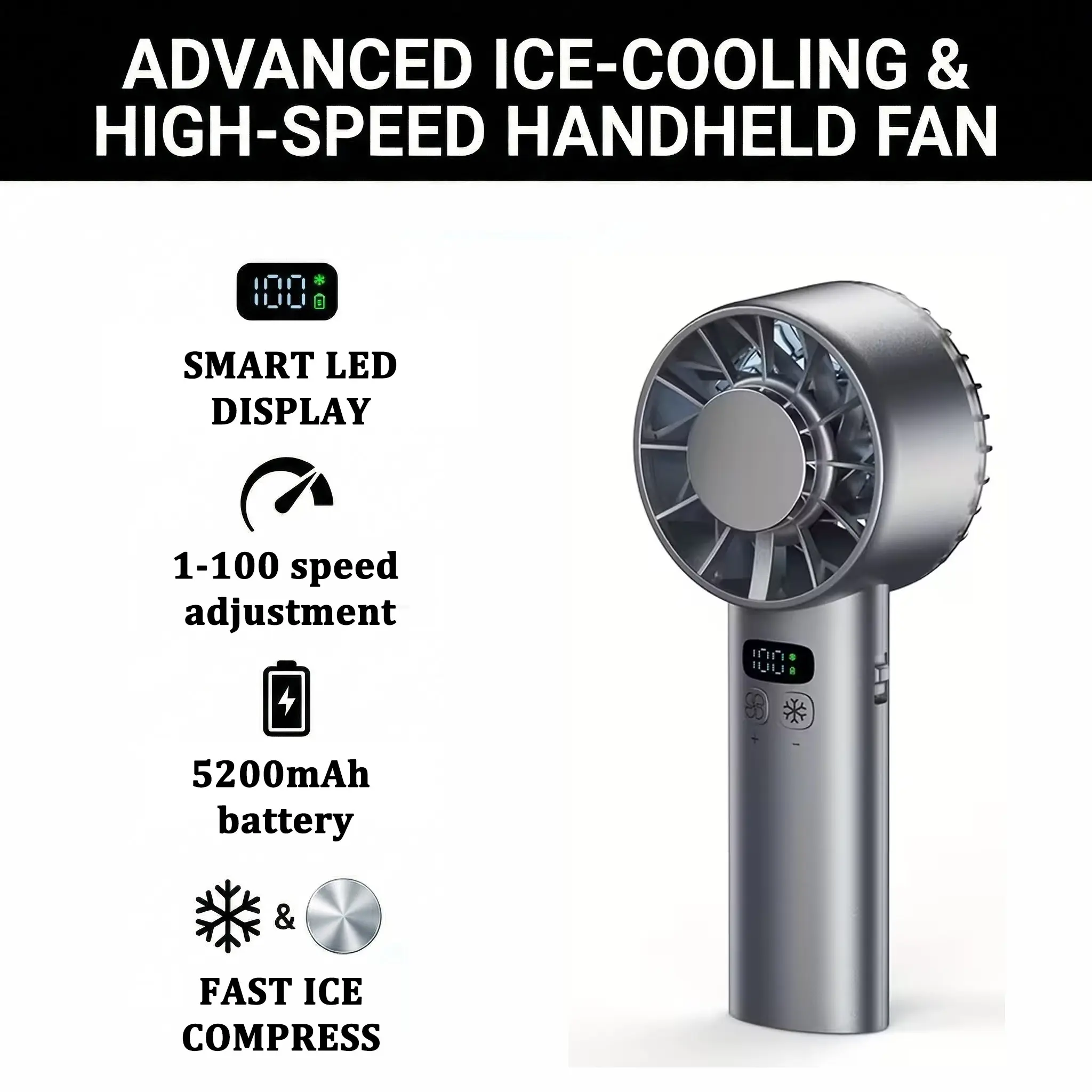 Handheld Cooling Fan, 100 Speed Settings, 5200mah High-Speed Fan, Cordless Camping Fan, Portable Rechargeable Fan, Portable USB Mini Fan, USB Powered Fan, Ideal for Outdoor, Camping, Office Use