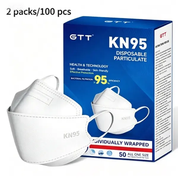GTT KN95 Disposable Protective Face Masks (100 PCS) - Unisex Adults' 5-Ply Non-Woven Fish-Shaped Individually Wrapped Respirators with 95% Filtration Efficiency, Breathable, Flexible for Daily Protection