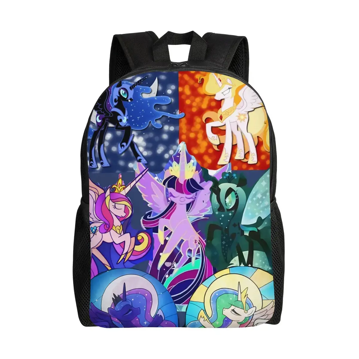 Bucked Up My Little Pony Princess Villain Patchwork Collage Print Kids Backpack, 600D Oxford, Lightweight Breathable, Padded Straps, Multi-Pocket, Hand Washable for Magical Cartoon Fans (Toddler School/Travel Daypack)
