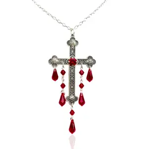 'Sacred' Pendant Necklace Gothic Vampire Silver Pendant Necklace Large Cross Gothic Style Jewelry with Red Teardrop Charms & Electroplated Finish Gothic Vampire Cross Necklace for Women Goth Red Black Vampire Velvet Halloween