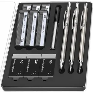 Metal Mechanical cil Set, 0.7mm, 3 Pack, Fine Point, Black, Ambidextrous, HB, Refillable, Retractable, Sketching, Drafting, Writing