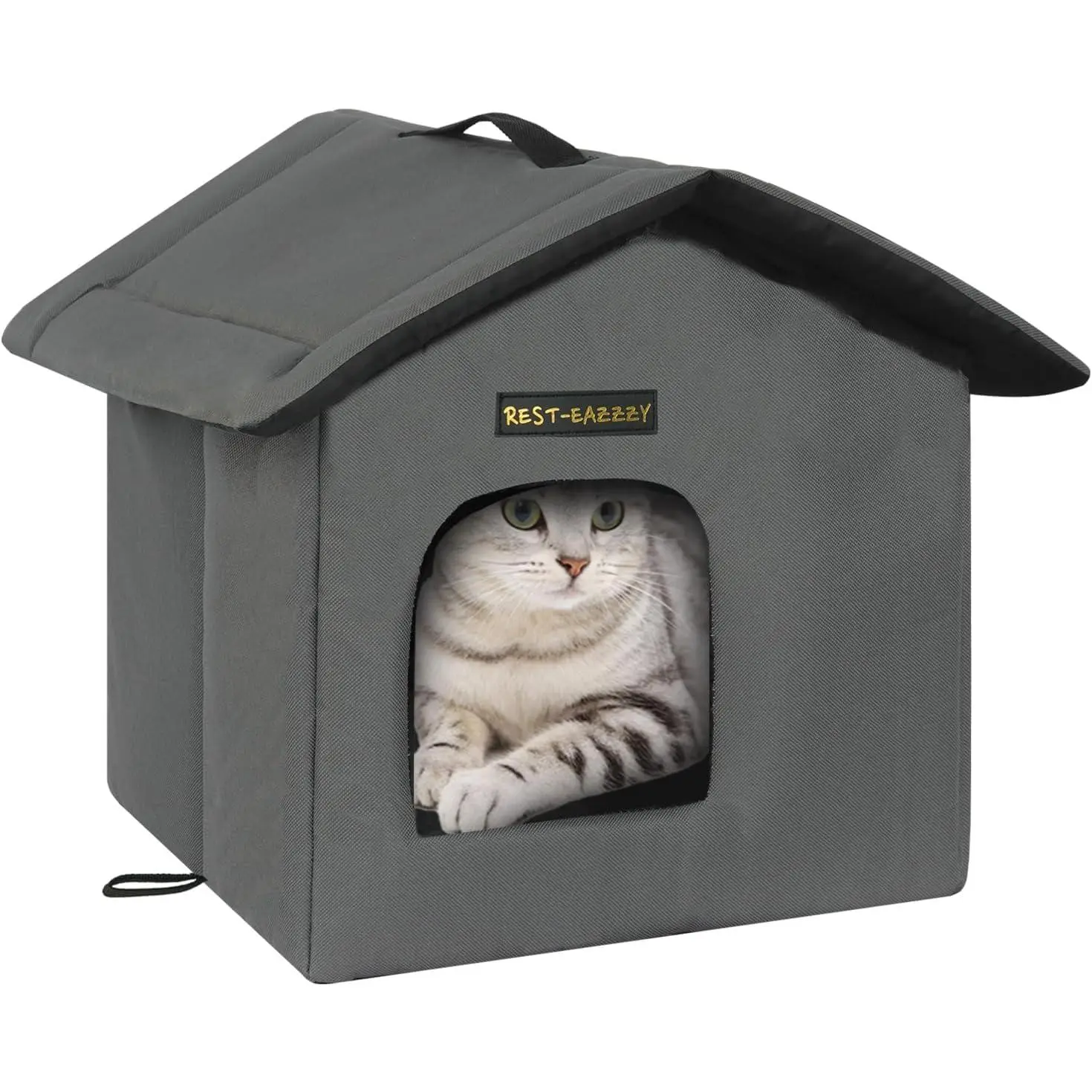 Rest-Eazzzy Cat House for Outdoor Cats, Weatherproof and Insulated Feral Cat House with Mat and Clip, Easy to Put Together, Selfwarming Cat Shelter for Winter(Grey, Waterproof House-S)