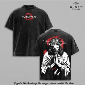 Forgiven Jesus Vintage Washed Oversized T-Shirt – Christian Graphic Tee, Praying Jesus Art Shirt, Washed Cotton Casual Streetwear, Unisex Top, Faith Inspired Apparel, Gift for Believers