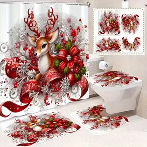 Christmas Theme Deer and Gift Ribbon Shower Curtain Set, Non-Slip Mat, U-Shaped Rug, Toilet Lid Cover, Perfect for Bathroom Decor