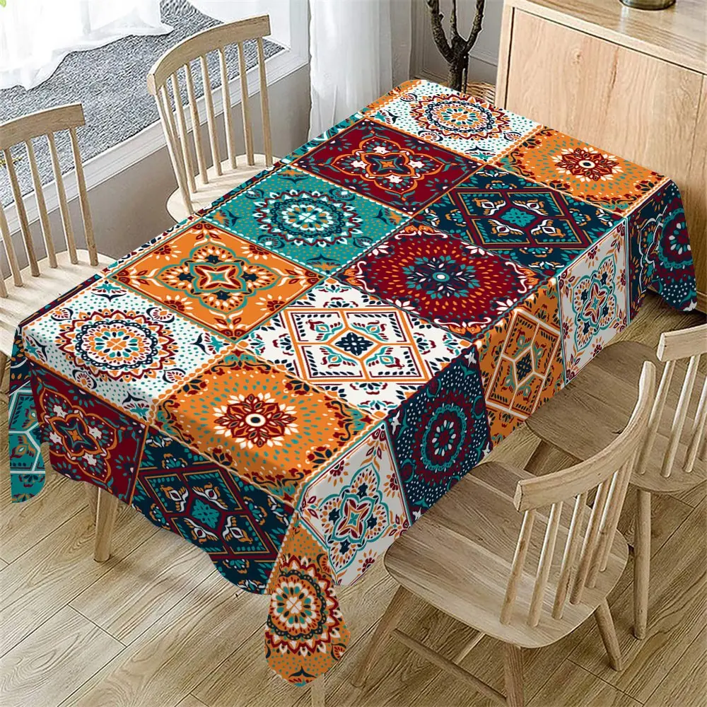 Rectangular Tablecloth Ethnic Style, Retro Geometric Patterned, Home Kitchen Decoration, Wedding Party Decor, 1 PC, Waterproof Table Cloth