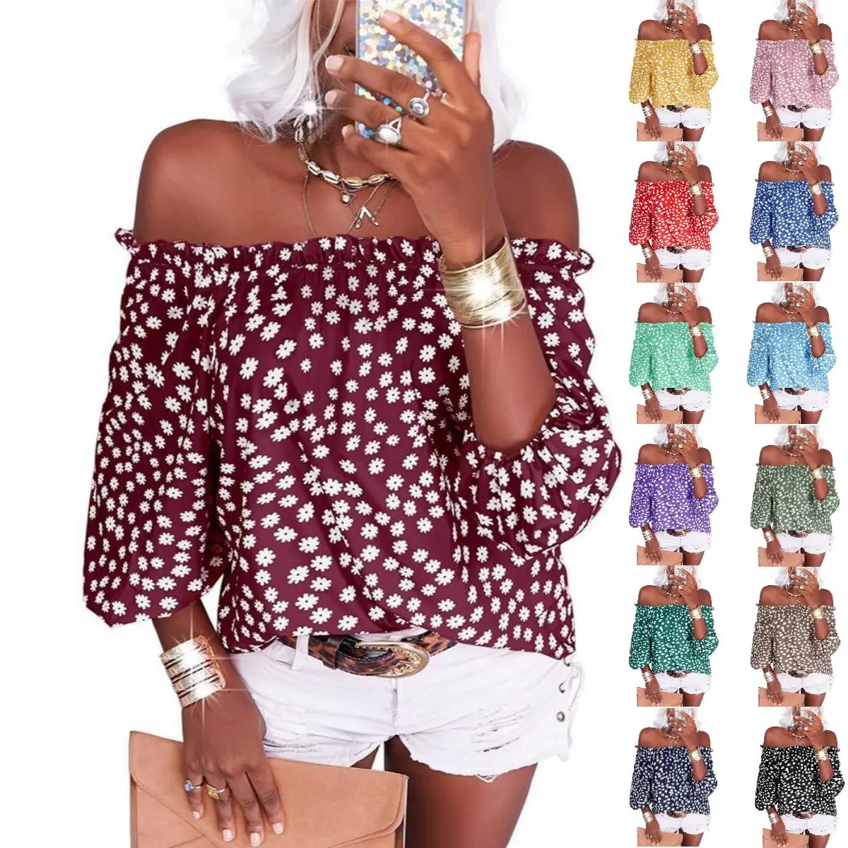 Imily Bela Women's Summer Off-Shoulder Floral Print 3/4 Sleeve Casual Chiffon Blouse, Womenswear Lightweight Fabric Top