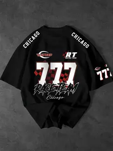 Men's Chicago Numeric Letter Graphic Print Fitted T-Shirt, Summer Streetwear Casual Breathable Short Sleeve Top for Stylish Daily Wear, Fashionable Round Neck Tee