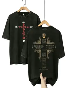 Seven Last Words & Religious Symbol Cross Washed T-Shirt, Christian Apparel Tee, Catholic Streetwear, Gym Pump Cover Casual Round Neck