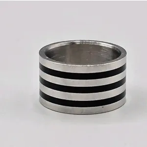 Mens Stainless Steel Ring Wide Band Black Striped Stacked Wedding Male