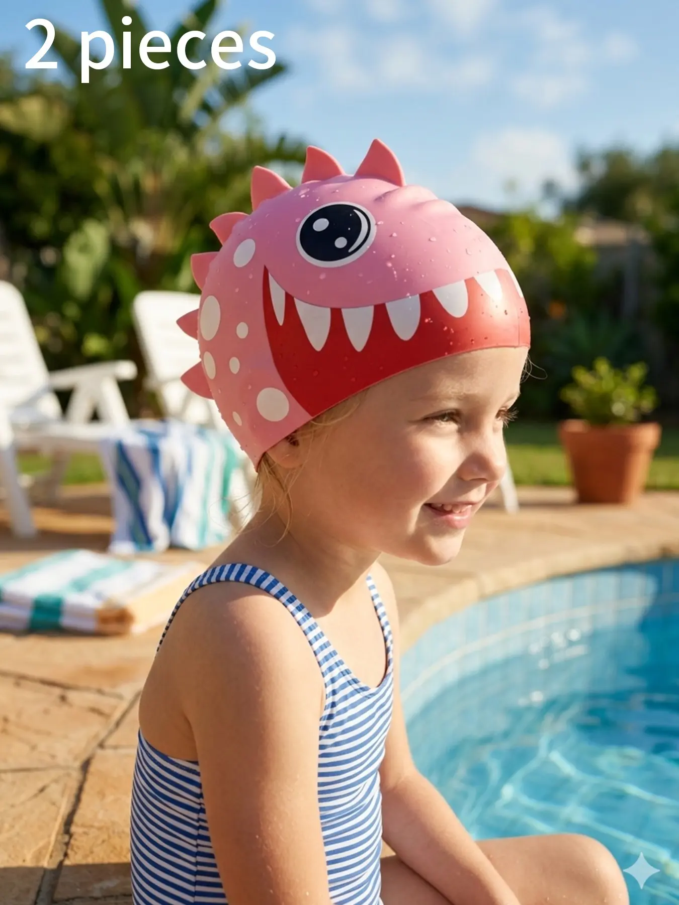 2-Pack Shark Kids Swim Caps, Swim Bonnet, Silicone Cartoon Swimming Hats, Waterproof Comfort High Elasticity, Suitable for Boys and Girls, Ages 3-10