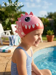 2-Pack Shark Kids Swim Caps, Silicone Cartoon Swimming Hats, Waterproof Comfort High Elasticity, Suitable for Boys and Girls, Ages 3-10
