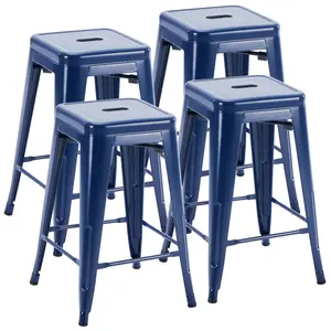 Set of 4 Metal Bar Stools 24 Inch Counter Height, Stackable Backless Industrial Bar Chairs with Footrest for Kitchen Island, Dining Room, Home Bar – Black/Blue