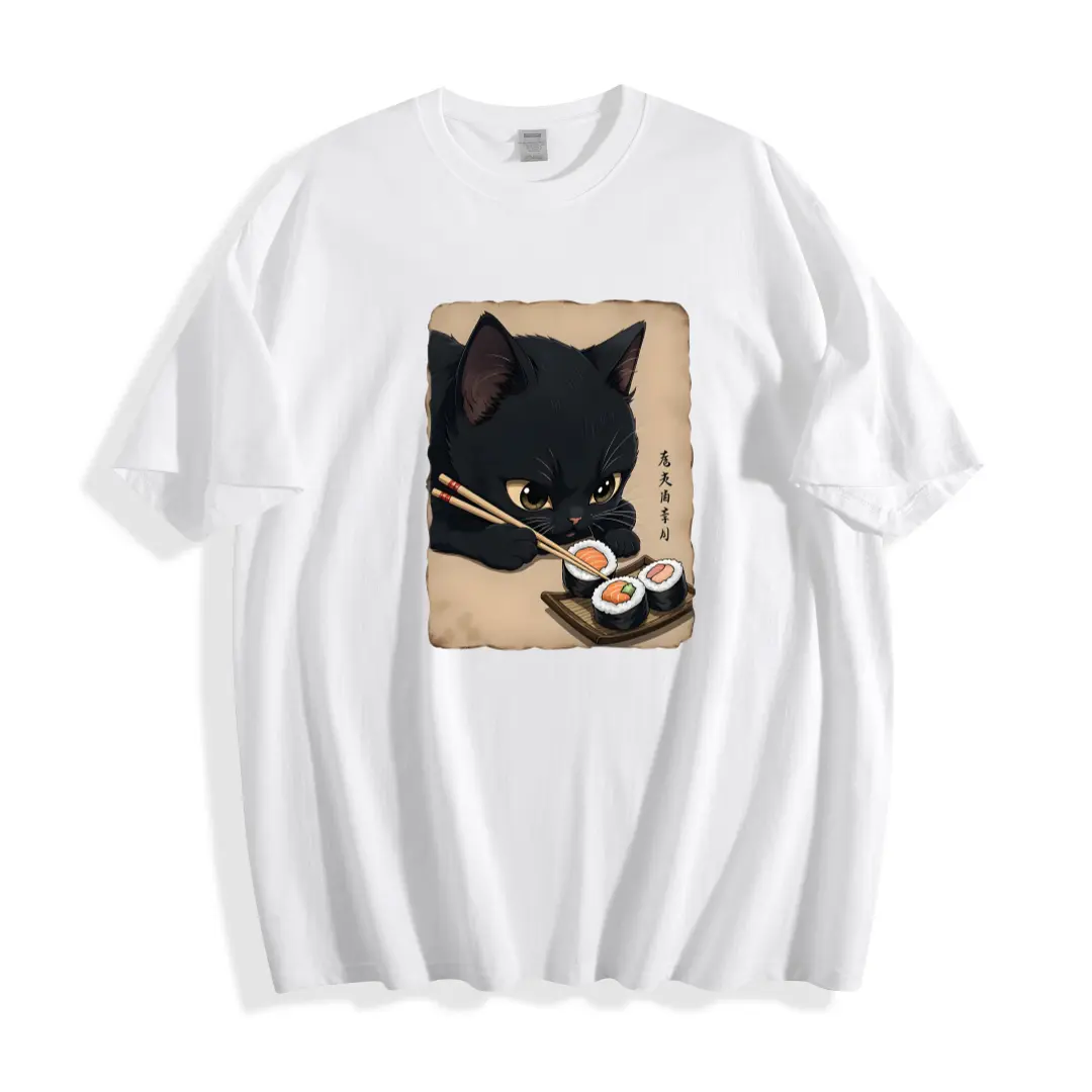 Men's Round Neck Short-Sleeve Graphic T-Shirt - Black Cat Eating Sushi Japanese Anime Print, Oversized Cotton Casual Menswear Top, Cat Lover Gift, Daily Streetwear Sports Top, Shortsleeve, Graphic T Shirts