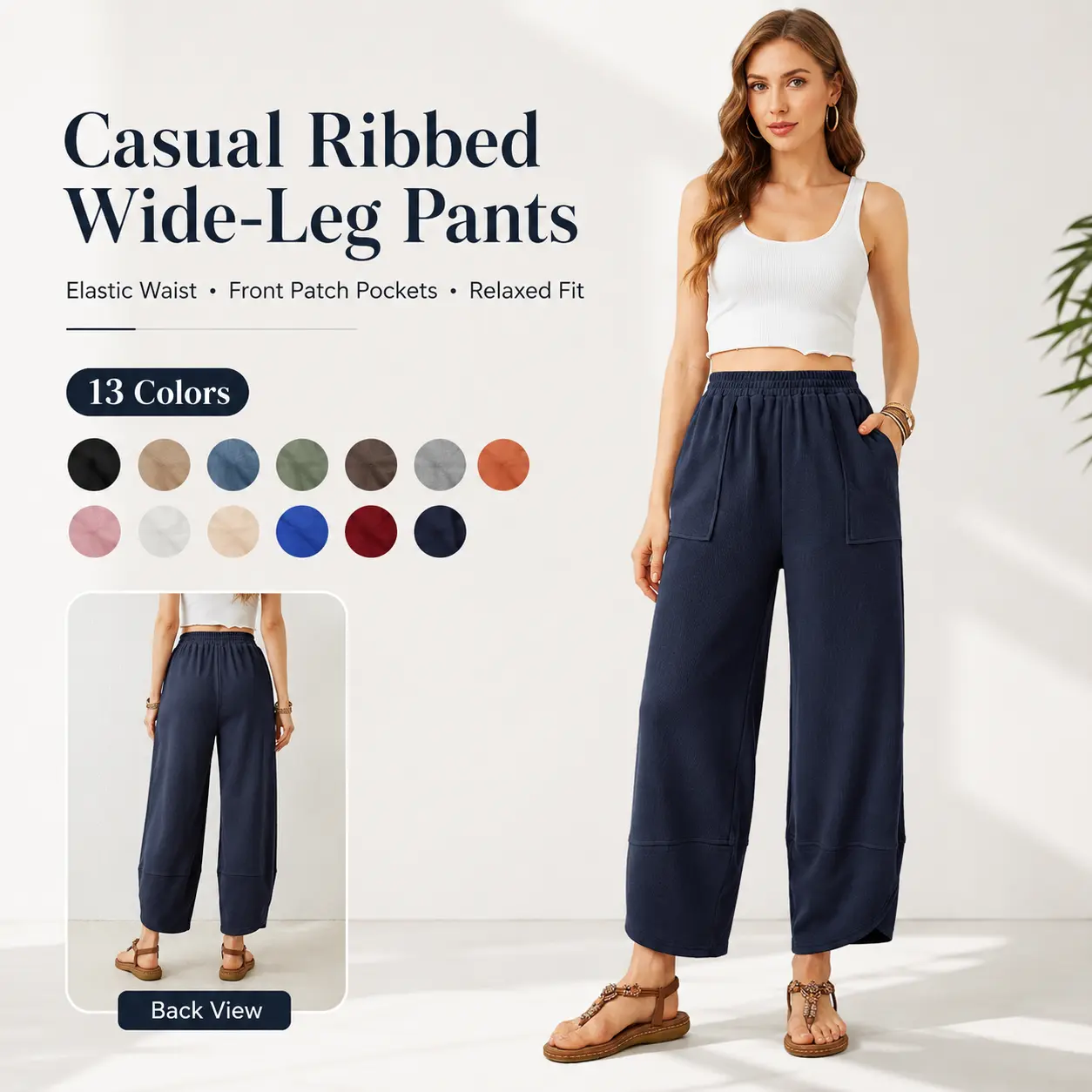 Women Casual Ribbed Knit Wide Leg Pants, Elastic High Waist Loose Cropped Trousers with Pockets, Relaxed Fit Pull On Ankle Pants, Loungewear Travel Daily Wear Pants, 13 Colors