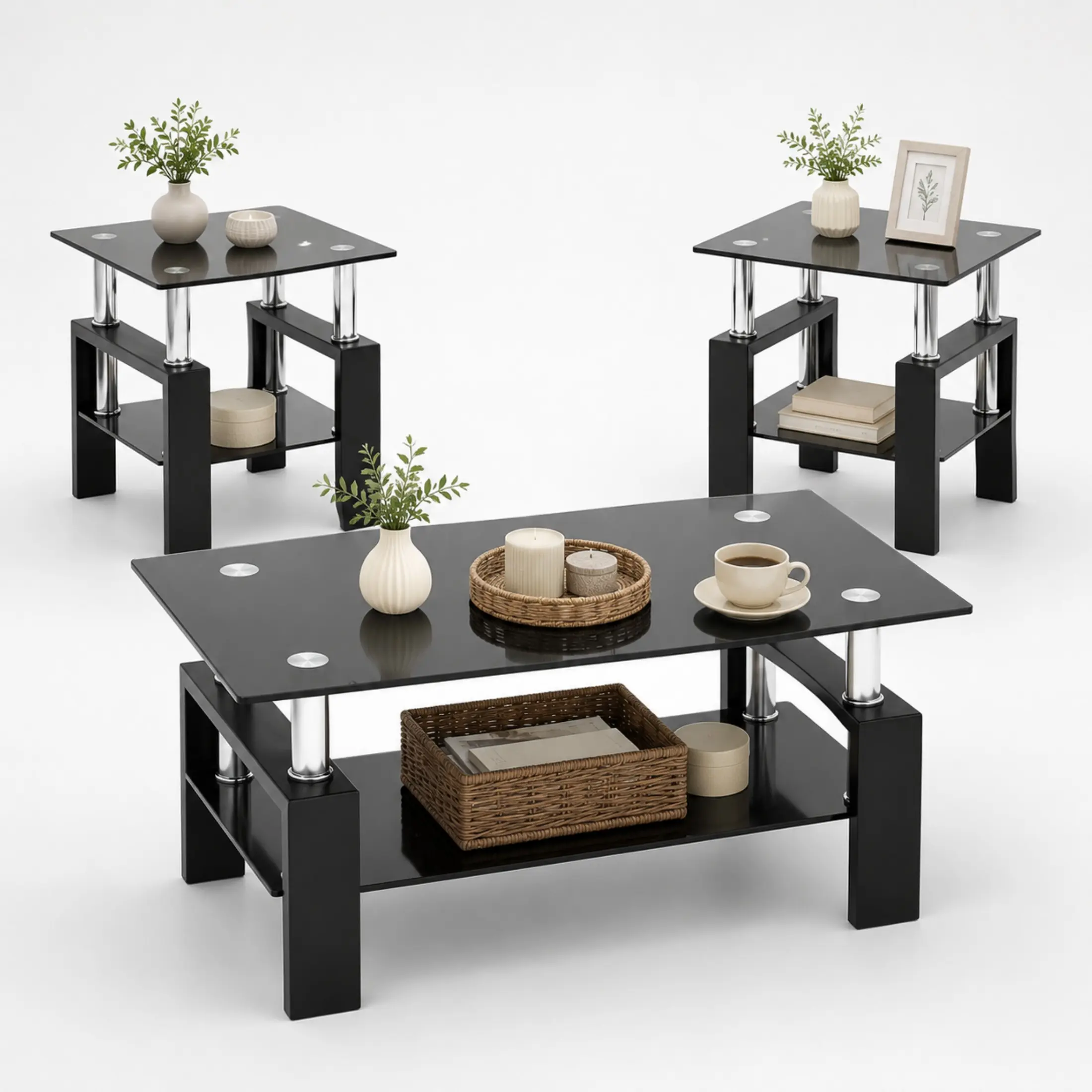 3-Piece Glass Coffee Table & End Table Set, Double Layer Tempered Glass Tables with Metal Frame for Living Room Apartment End Table Combo Rectangle Glass Table