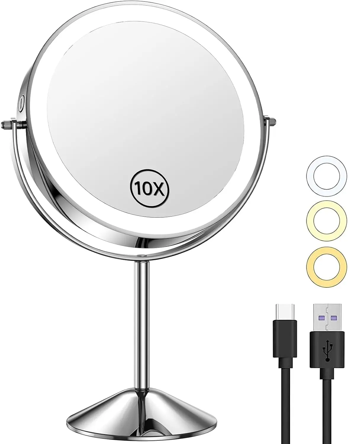 8" Lighted Makeup Mirror with Magnification 10X/1X, 3 Color Lights & Dimmable Lighting, 360 Rotation Double Sided Rechargeable Cordless Vanity  Standing LED Mirror for Makeup