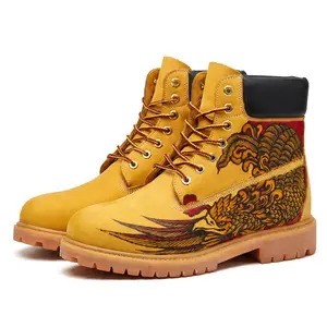 Dragon and Phoenix pattern, traditional hand-stamped craftsmanship; premium cowhide upper; unisex high-top boots—streetwear, Western, denim style. Hiking Boots for Outdoor Activities biker Men's Chelsea Cowboy