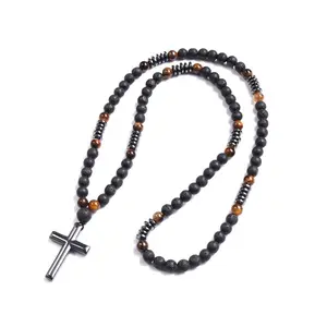 Bohemian Cross Pendant Necklace – Matte Black Tiger Eye Stone Beaded Jewelry for Men & Women
