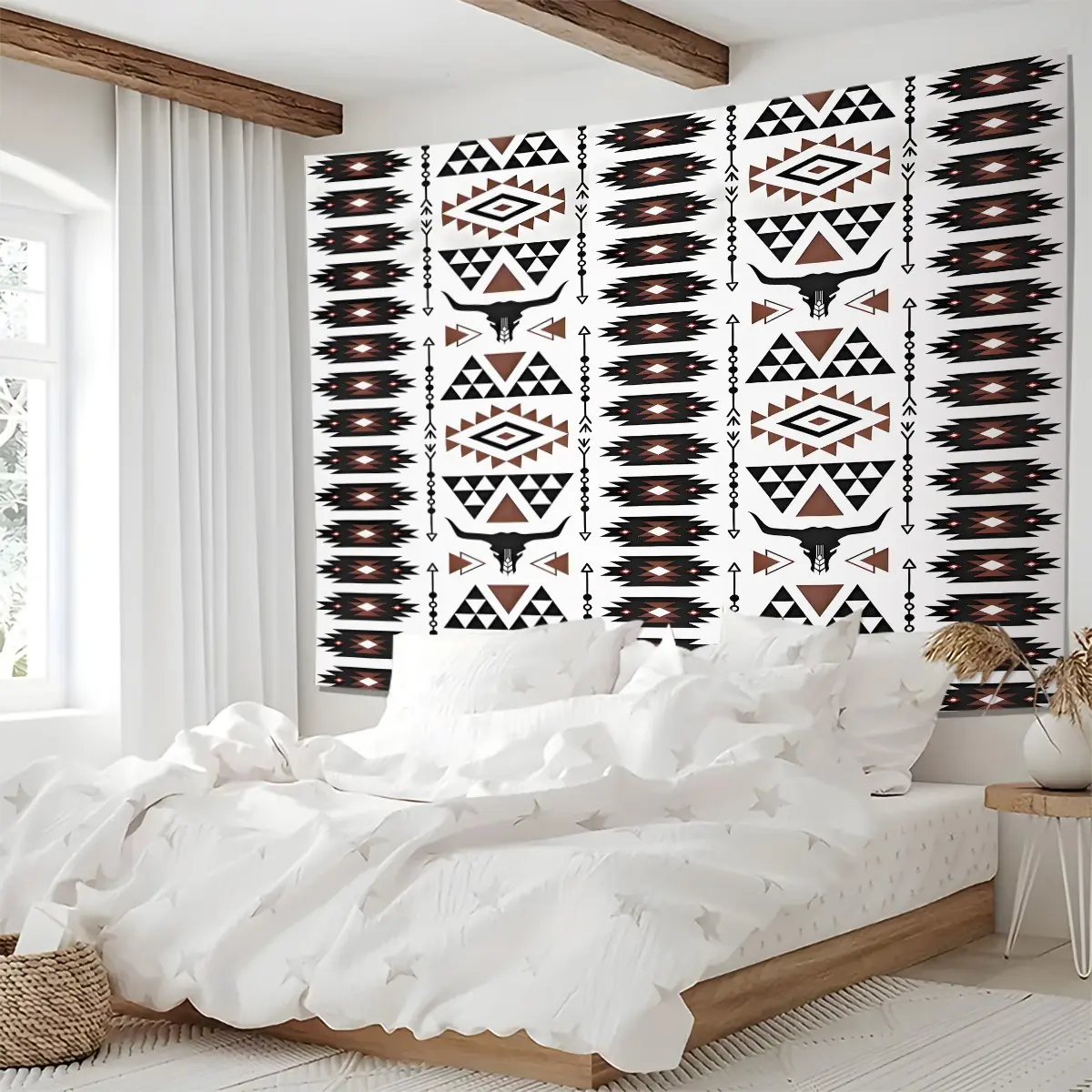 Boho Western Aztec Cow Skull Print Tapestry, Southwestern Tribal Geometric Wall Hanging, Bohemian Wall Blanket Tapestries, Stylish Backdrop Decor for Bedroom, Living Room & Dorm
