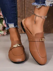 Women's High-End Genuine Leather Mules, French Metal Buckle Decor, Flat Sole Small Toe Half Slippers, Fashion Style