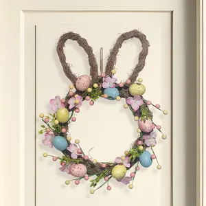 Easter Wreath with Rabbit and Egg Design, Flower, Decorative Flower Wreath, Spring Summer Door Decoration, Holiday Decorations for Home and Parties, Durable and Easy to Assemble