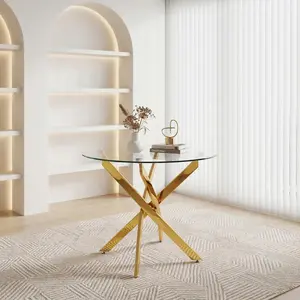 Round Glass Dining Table, 90.2×90.2×76.2cm, Modern Glossy Tempered Glass Table, Sturdy Metal Legs, Suitable for Small Space, Kitchen & Dining Room