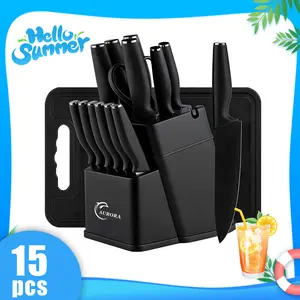Matte black 15-piece kitchen knife set—high-end nonstick stainless steel knives with a storage holder, including a sharp chef’s knife, steak knife, and bread knife; stylish and durable kitchen tools.