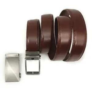 Men's Brown Leather Belt with 2 Interchangeable Buckles, Ratchet Automatic & Pin Buckle, Dress & Casual Belt for Men
