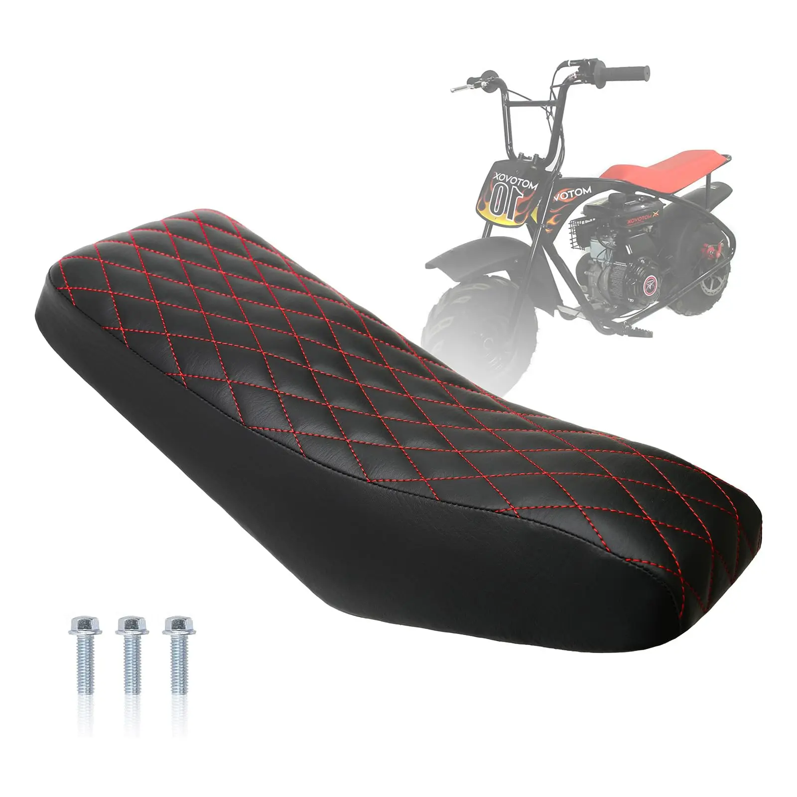 JMCHstore Diamond-Stitch Leather Vintage Style Retro Design Motorbike Seat with Red Thread, Easy Maintenance Seat Foam, Motorcycle Frames & Fittings for Motovox MBX10, Mototec 105cc Mini Bikes