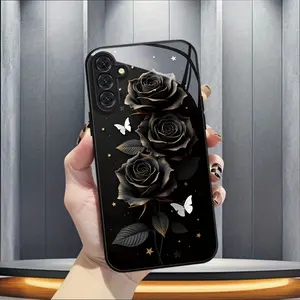 Black Rose White butterfly Glass PhoneCase suitable for Samsung Galaxy S26 S25 S24 S23 S22Pro S21 S20 Fe Plus Ultra Pro A56 A55 A54 A53 A52 A51 A36 A35 A34 A32 A26 A25 A24 A23 A16 A15 A14 A06 A05 A03s