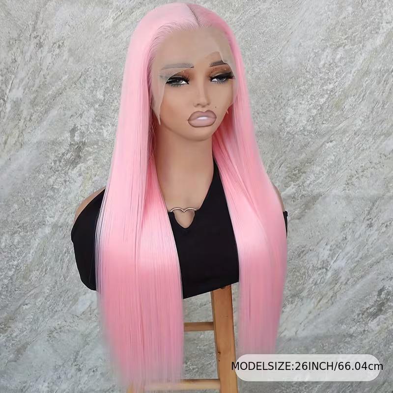 Glueless Pastel Pink Straight Lace Front Wig Long Silky Synthetic Hair Wigs with Natural Baby Hair for Women Cosplay Party Daily Wear